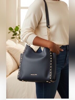 Michael Kors Navy, Studded Pebble Leather Chain Bag